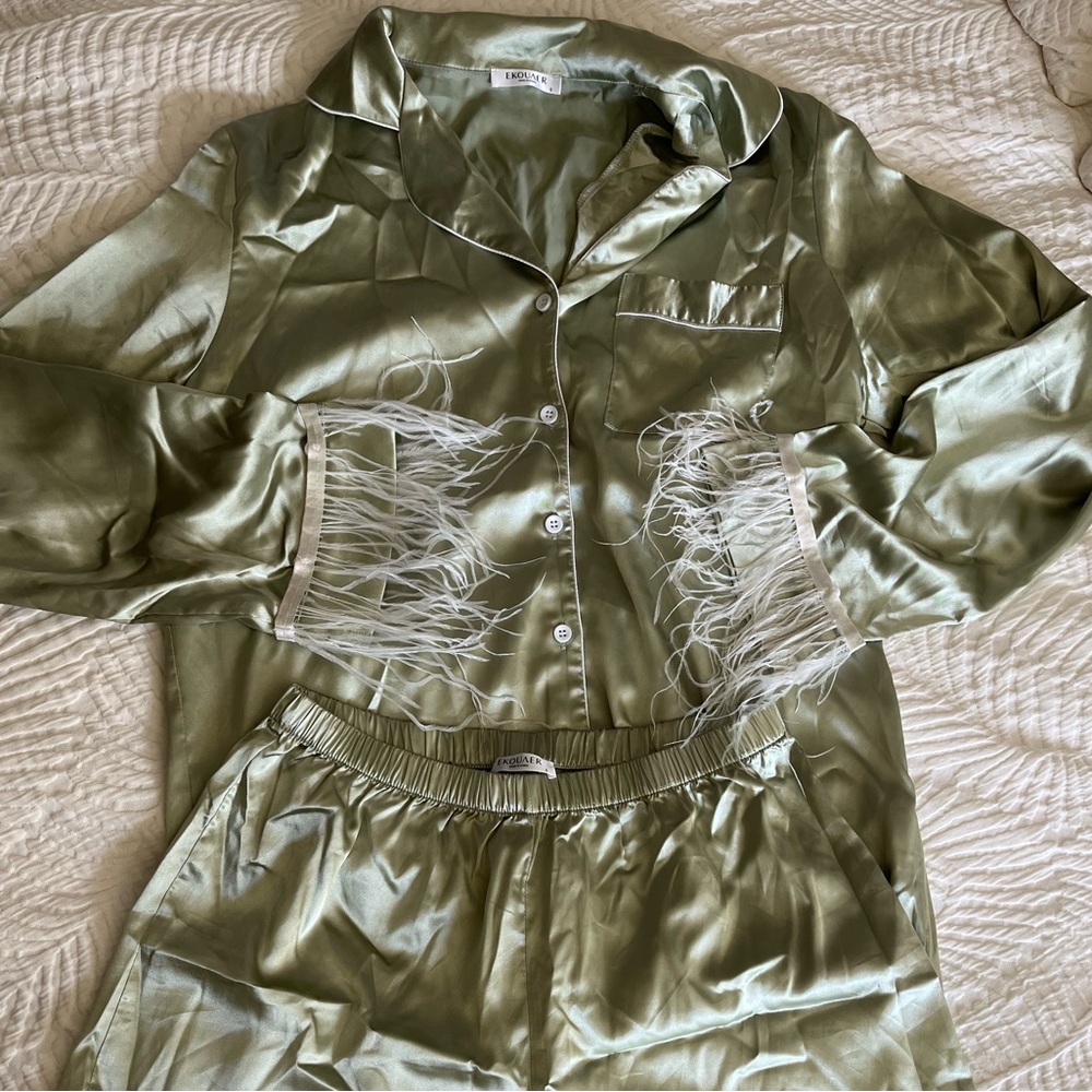 Satin Pajama Set in Sage Green w Feather Trim